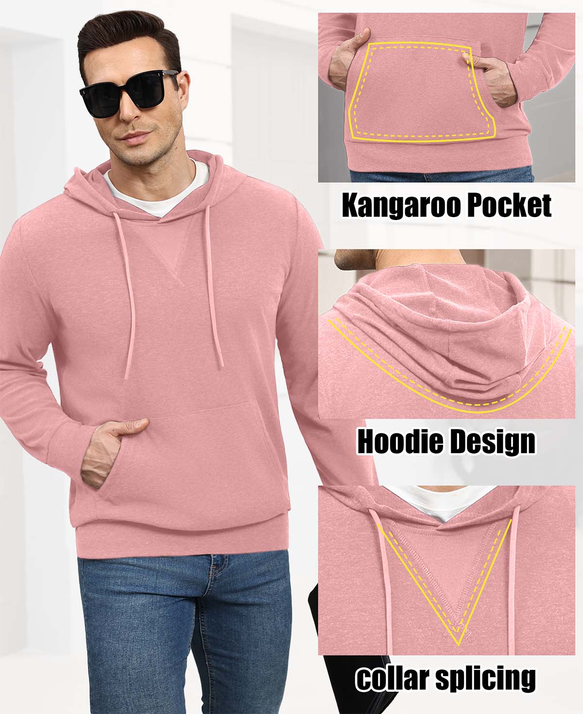 Features: kangaroo pocket (storage), hood (casual coverage), contrast neck panel (better fit) on pink hoodie sweater.