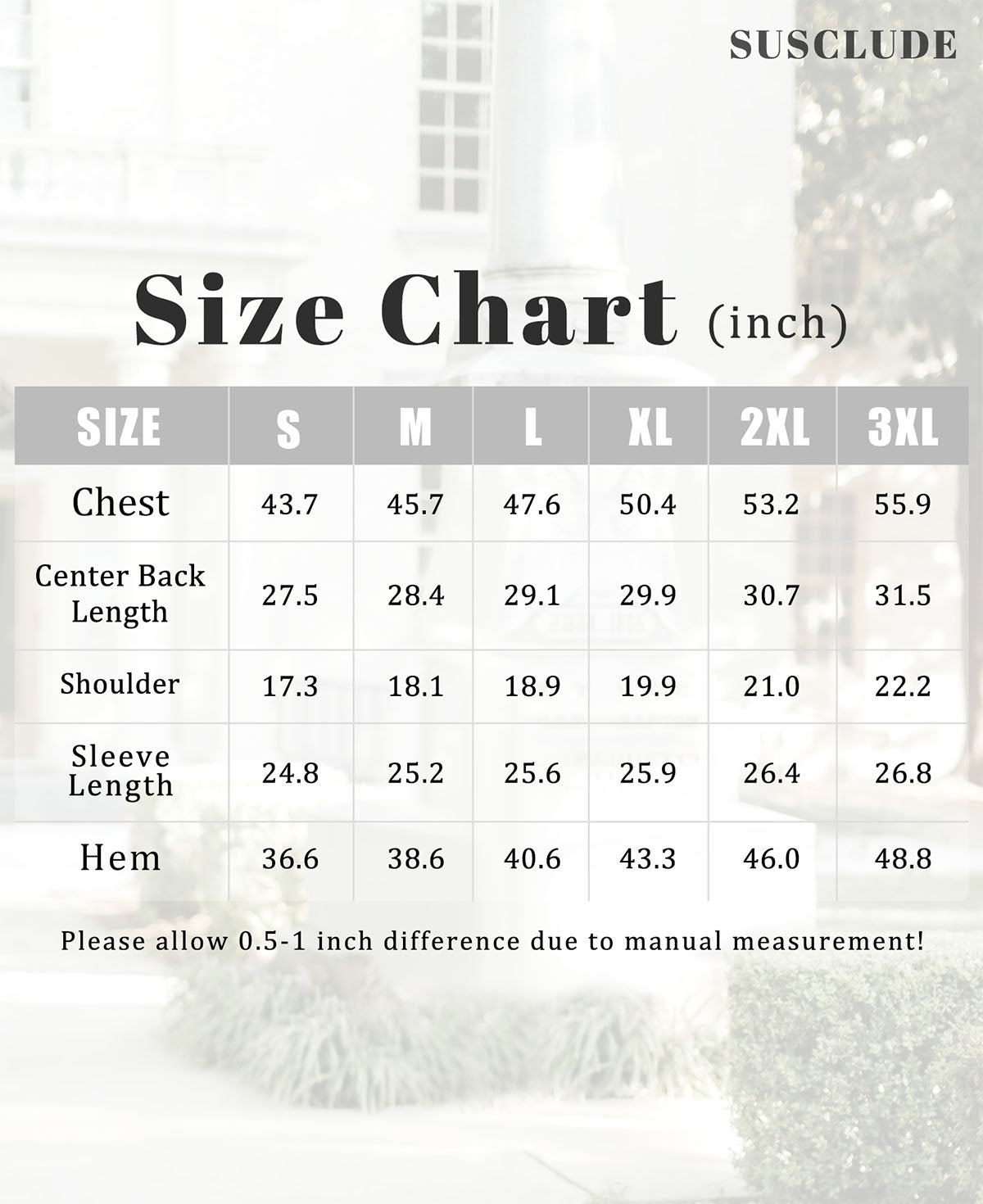SUSCLUDE hoodie size chart (inches): chest, center back length, shoulder, sleeve, hem, with 0.5¨C1" manual tolerance.