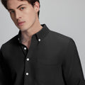 Close-up of placket, chest pocket, and buttons on wrinkle-resistant Oxford shirt, showing textured fabric quality.