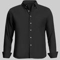 Standalone view of black Oxford button-down shirt with rolled sleeves for a smart-casual look.