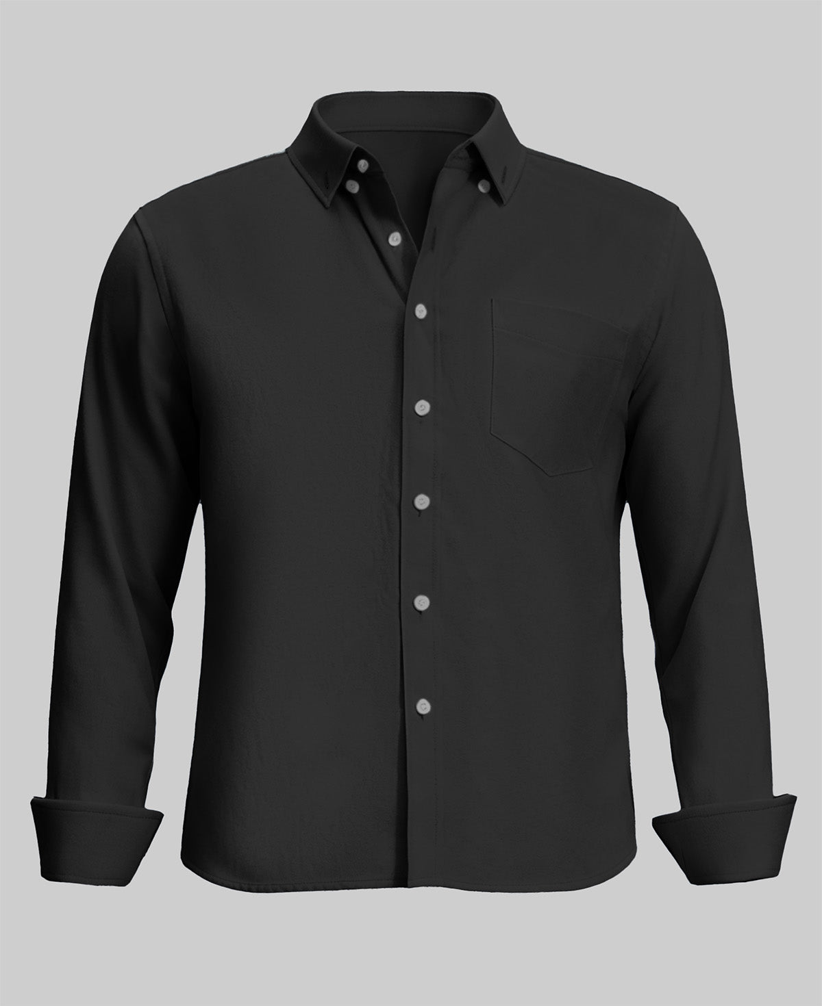 Standalone view of black Oxford button-down shirt with rolled sleeves for a smart-casual look.