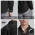 Features: adjustable cuffs, curved hem, hang loop , back pleat, button-down collar for structure and comfort.