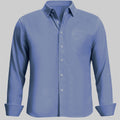 Standalone view of deep blue Oxford button-down shirt with rolled sleeves for a smart-casual look.