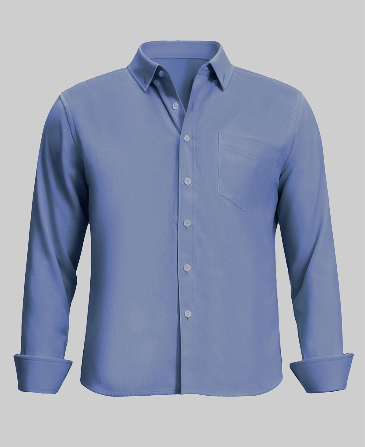 Standalone view of deep blue Oxford button-down shirt with rolled sleeves for a smart-casual look.