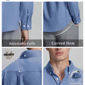 Features: adjustable cuffs, curved hem, hang loop , back pleat, button-down collar for structure and comfort.