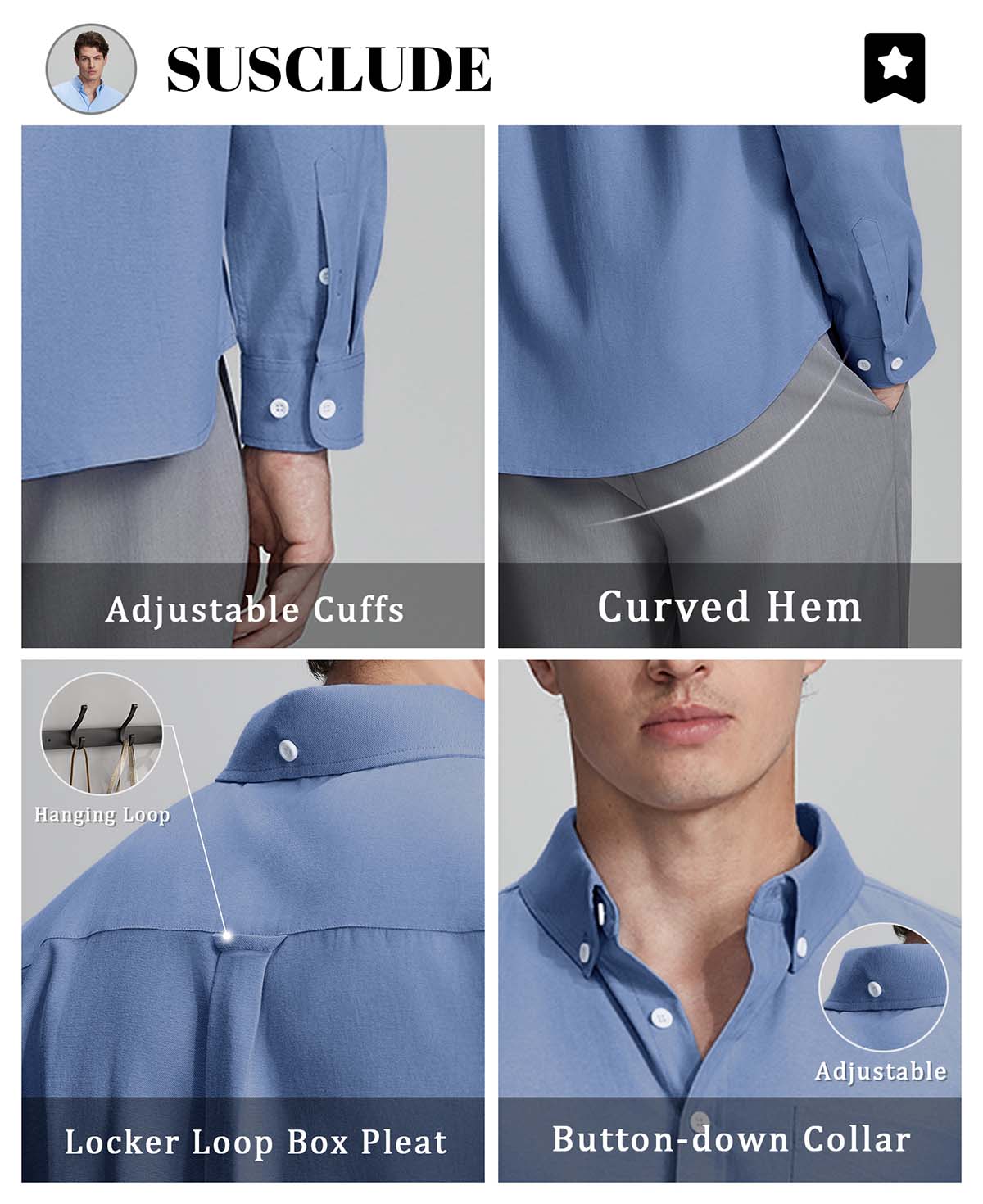 Features: adjustable cuffs, curved hem, hang loop , back pleat, button-down collar for structure and comfort.