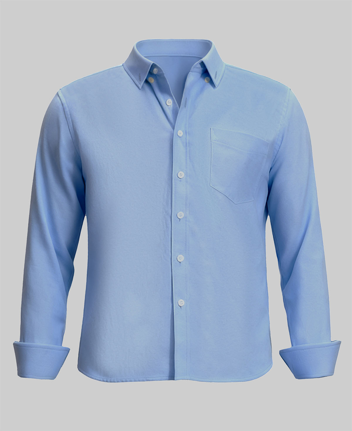 Standalone view of light blue Oxford button-down shirt with rolled sleeves for a smart-casual look.