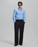 Full outfit: light blue Oxford shirt, wide-leg dress pants & brown shoes, minimalist yet polished style.