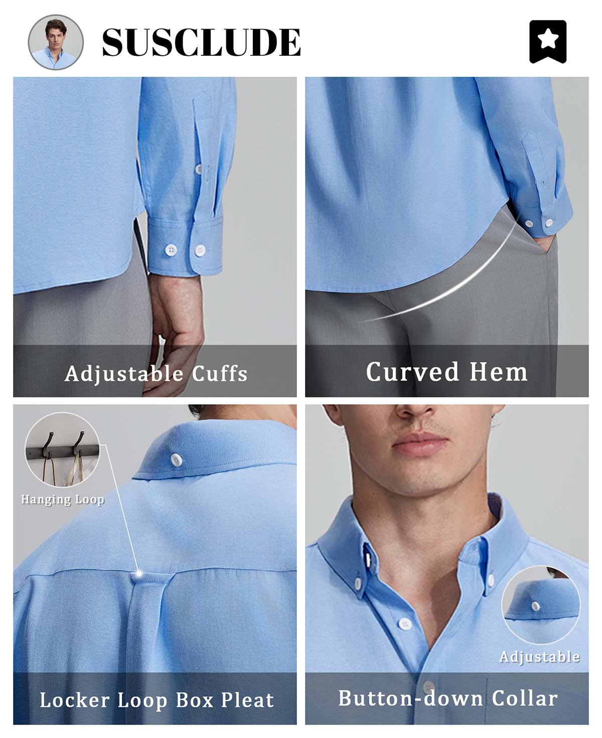 Features: adjustable cuffs, curved hem, hang loop , back pleat, button-down collar for structure and comfort.