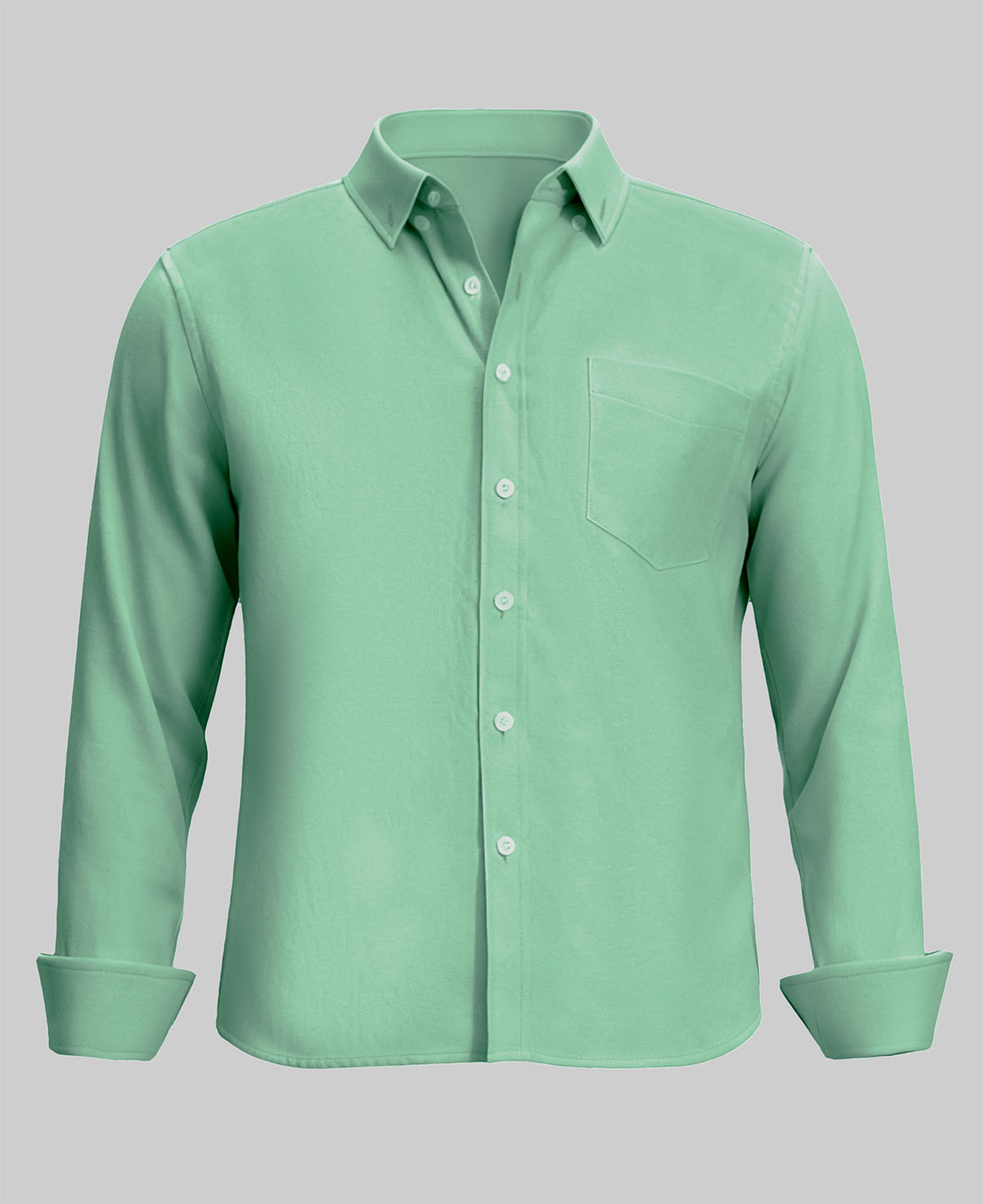 Standalone view of light green Oxford button-down shirt with rolled sleeves for a smart-casual look.