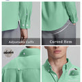 Features: adjustable cuffs, curved hem, hang loop , back pleat, button-down collar for structure and comfort.