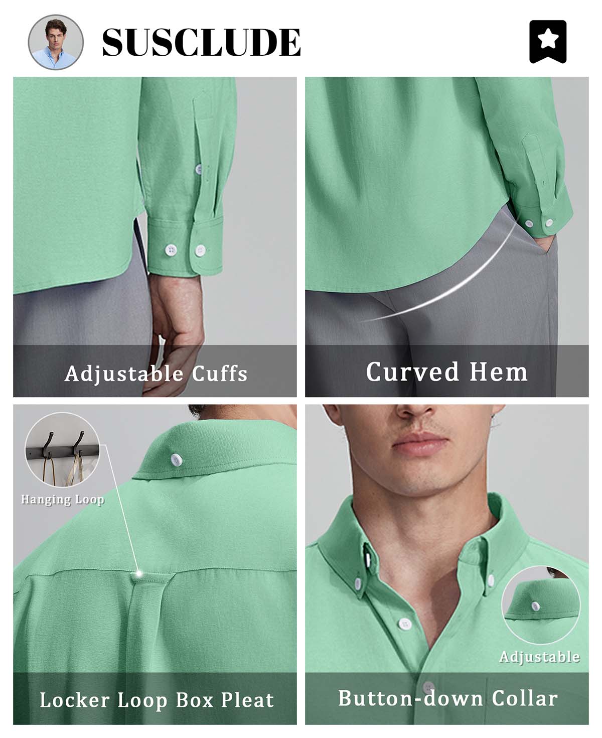 Features: adjustable cuffs, curved hem, hang loop , back pleat, button-down collar for structure and comfort.