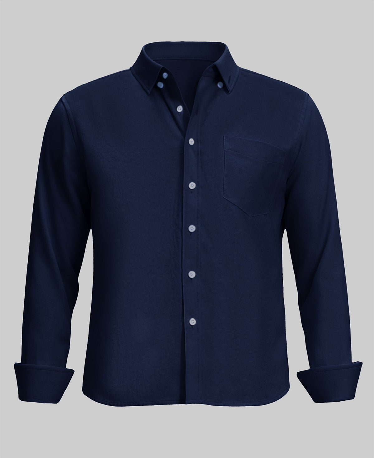 Standalone view of navy blue Oxford button-down shirt with rolled sleeves for a smart-casual look.