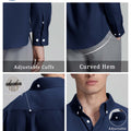 Features: adjustable cuffs, curved hem, hang loop , back pleat, button-down collar for structure and comfort.