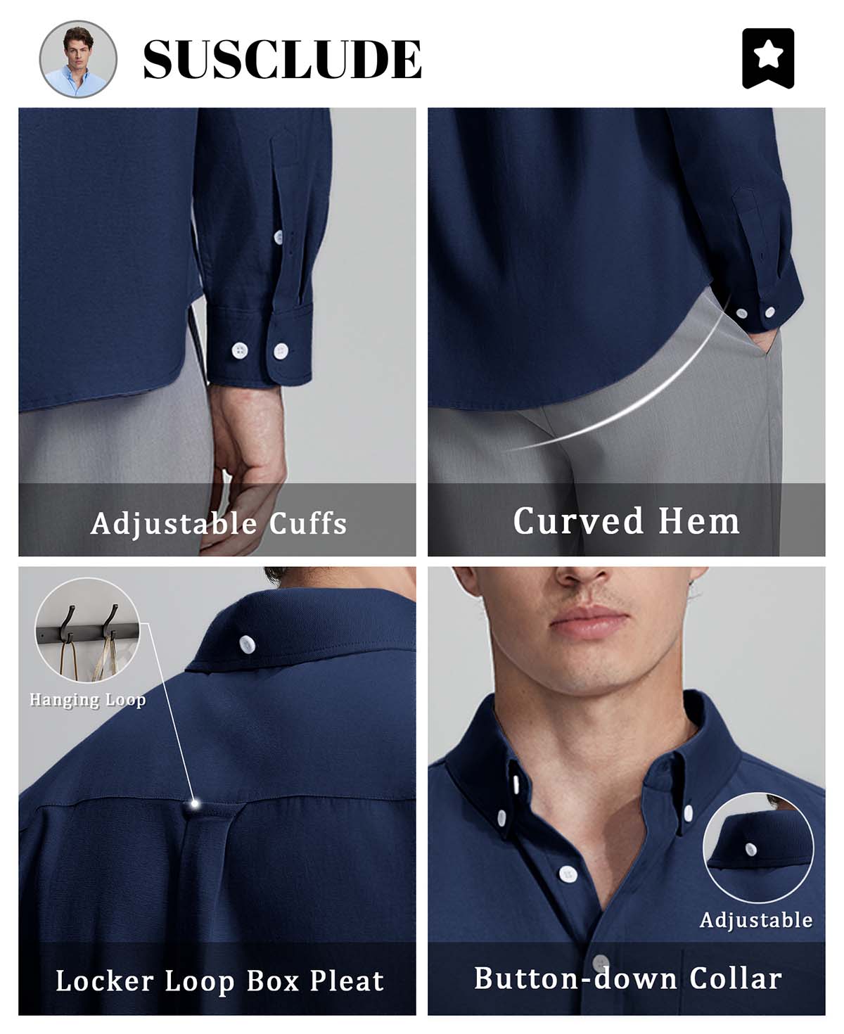Features: adjustable cuffs, curved hem, hang loop , back pleat, button-down collar for structure and comfort.