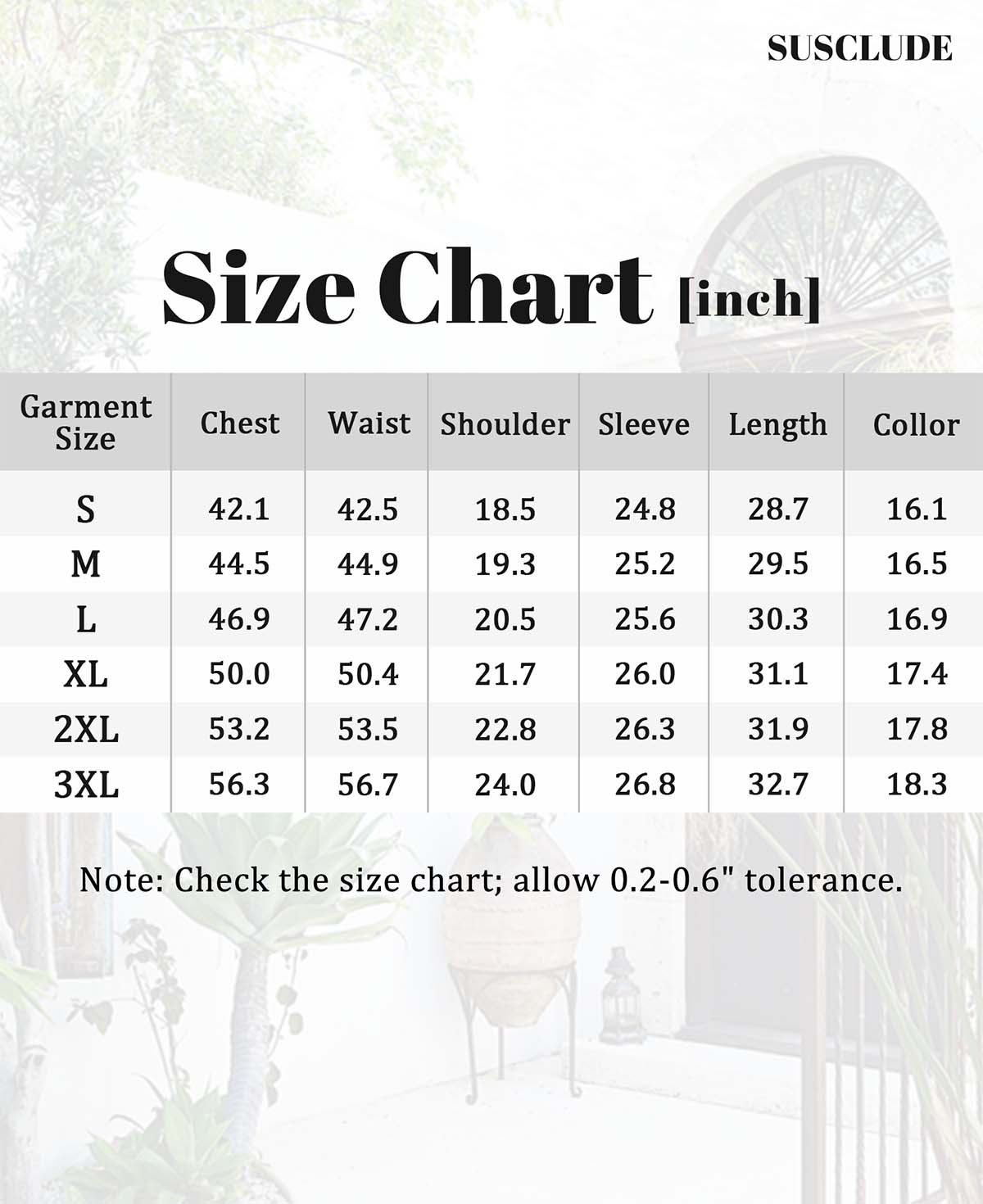 SUSCLUDE size chart (inches): chest, waist, shoulder, sleeve, length, neck, with 0.2¨C0.6" manual tolerance.