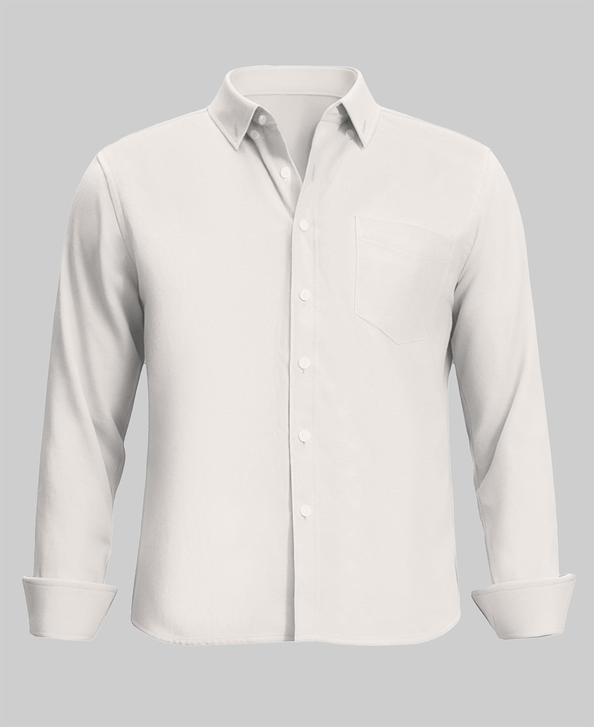 Standalone view of white Oxford button-down shirt with rolled sleeves for a smart-casual look.