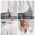 Features: adjustable cuffs, curved hem, hang loop , back pleat, button-down collar for structure and comfort.