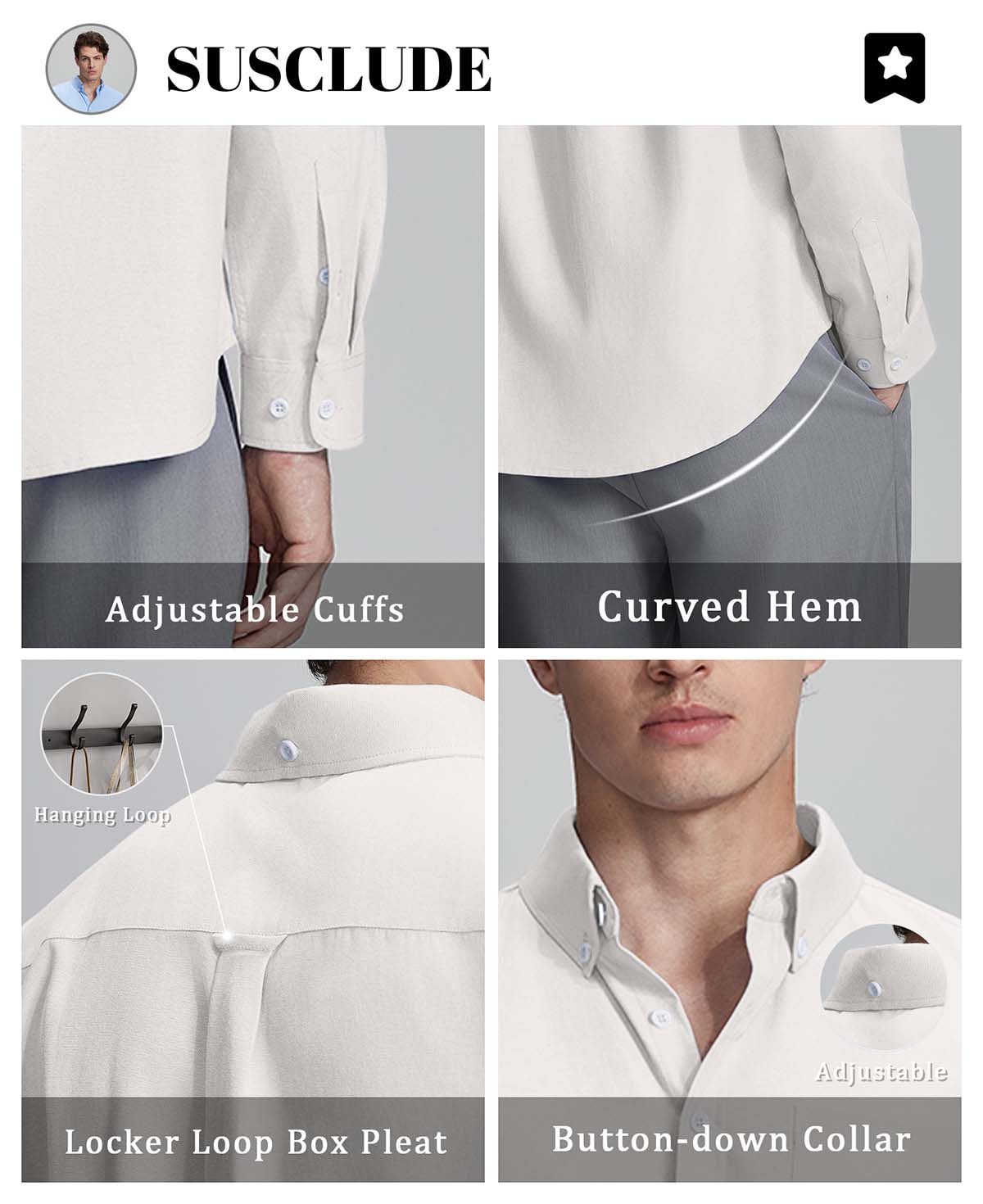 Features: adjustable cuffs, curved hem, hang loop , back pleat, button-down collar for structure and comfort.