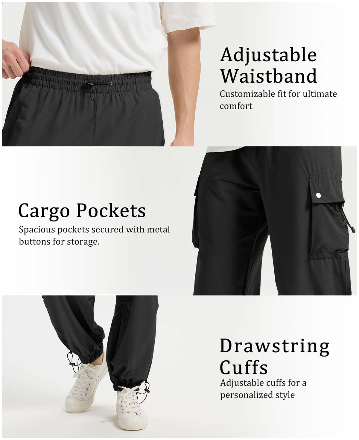 Adjustable waistband, spacious cargo pockets with metal buttons, adjustable cuffs for comfort and style in baggy sweatpants.