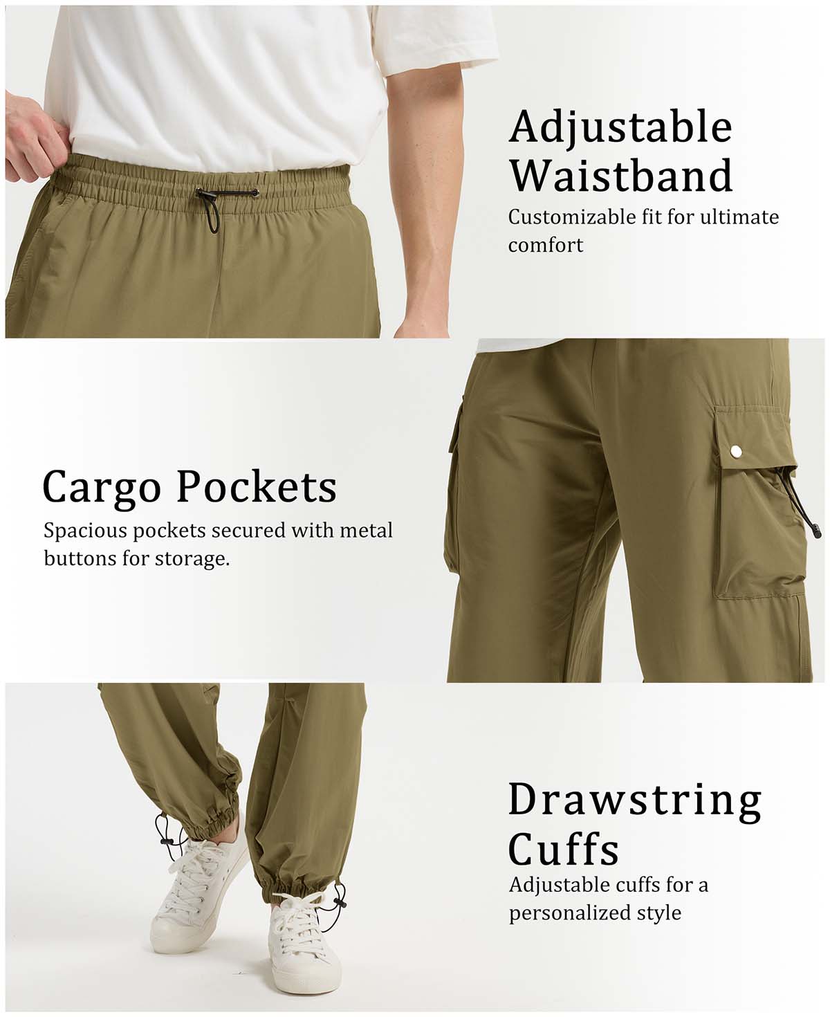 Adjustable waistband, spacious cargo pockets with metal buttons, adjustable cuffs for comfort and style in baggy sweatpants.