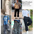 Real customers wearing men's baggy parachute cargo sweatpants in different settings, showcasing versatility.