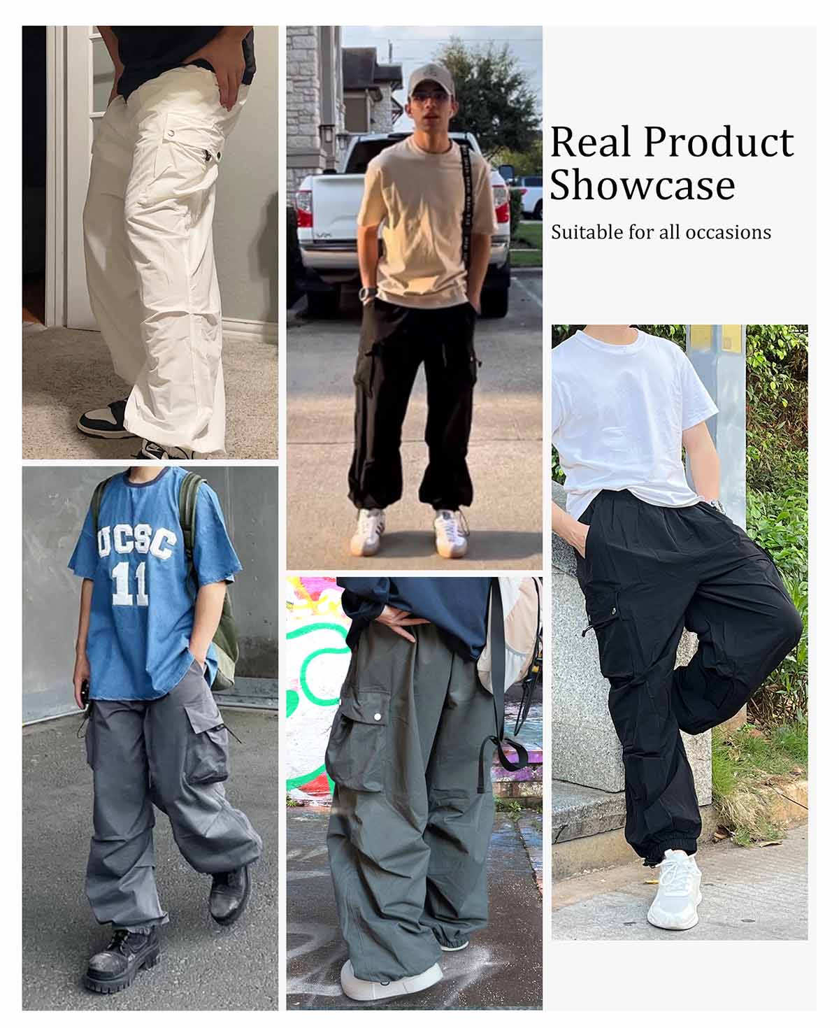 Real customers wearing men's baggy parachute cargo sweatpants in different settings, showcasing versatility.