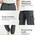 Adjustable waistband, spacious cargo pockets with metal buttons, adjustable cuffs for comfort and style in baggy sweatpants.