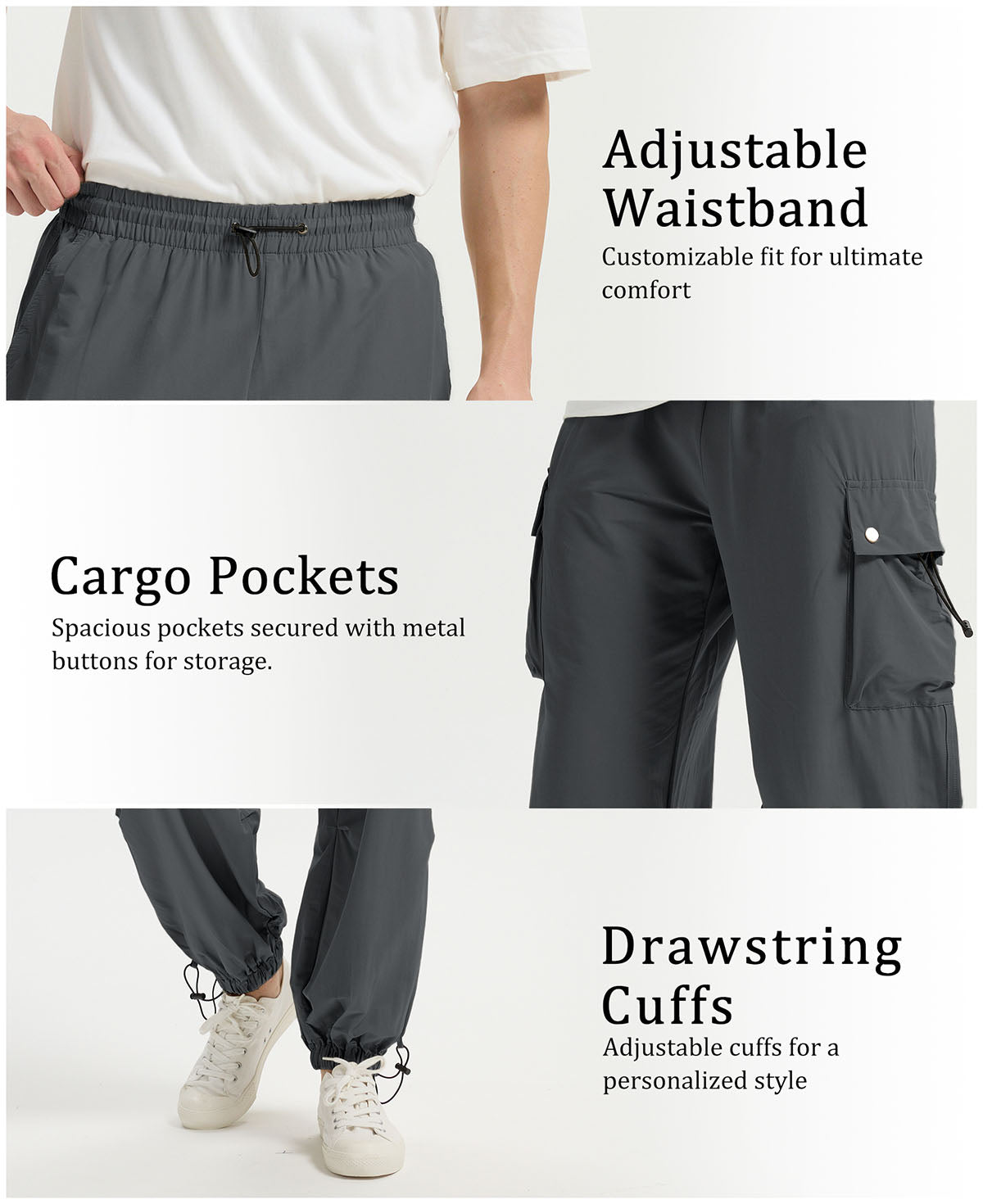 Adjustable waistband, spacious cargo pockets with metal buttons, adjustable cuffs for comfort and style in baggy sweatpants.