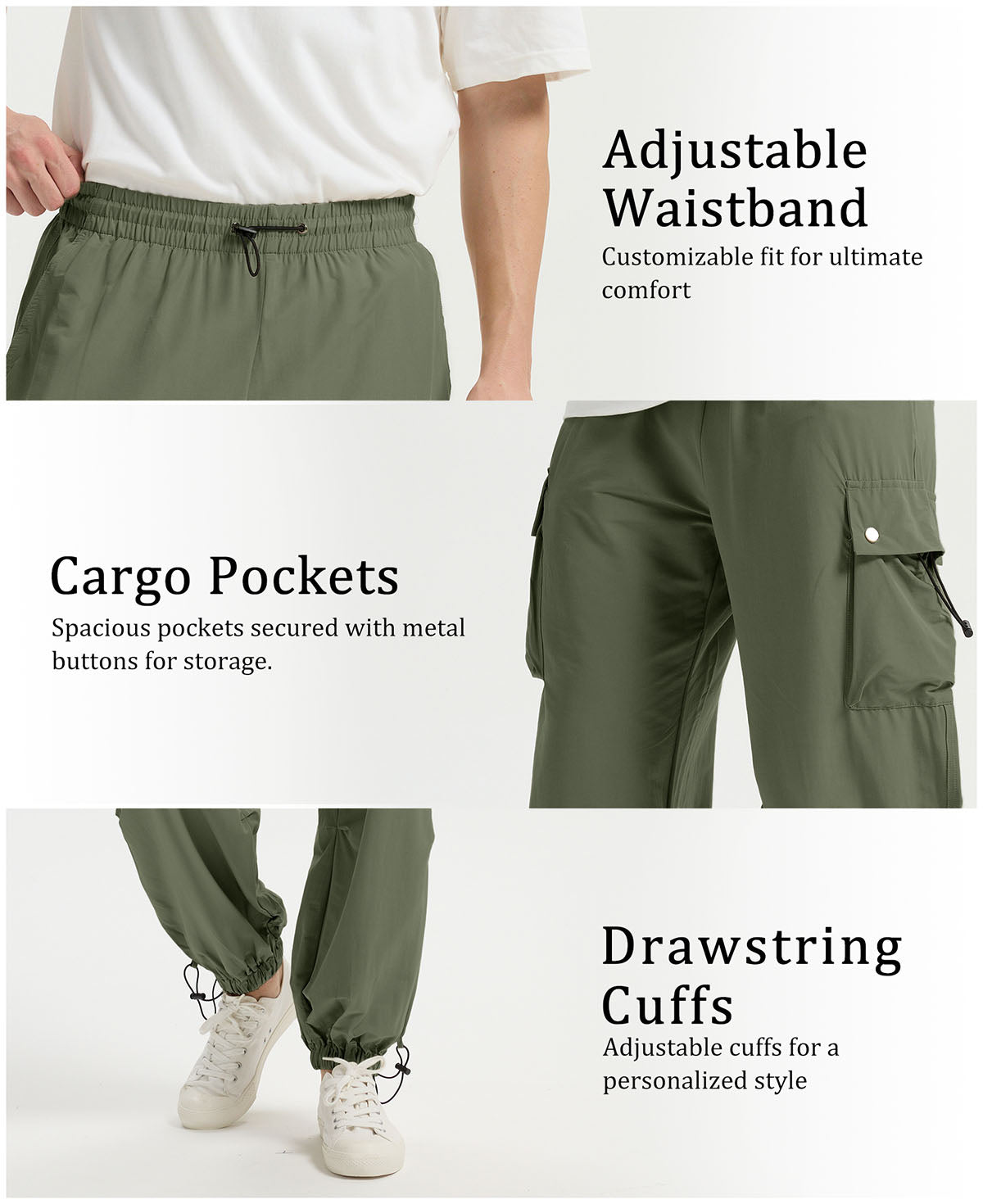 Adjustable waistband, spacious cargo pockets with metal buttons, adjustable cuffs for comfort and style in baggy sweatpants.