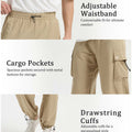 Adjustable waistband, spacious cargo pockets with metal buttons, adjustable cuffs for comfort and style in baggy sweatpants.