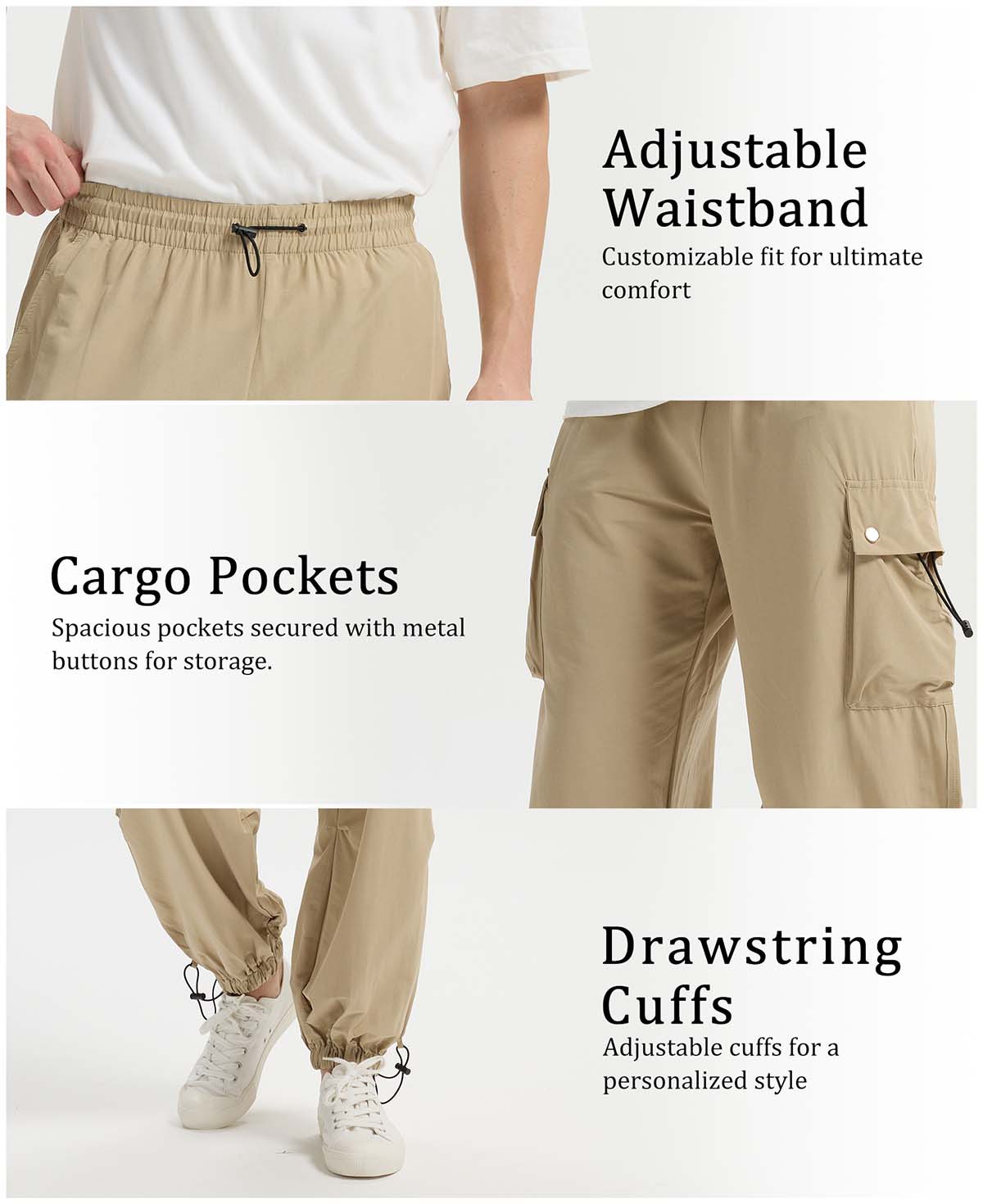 Adjustable waistband, spacious cargo pockets with metal buttons, adjustable cuffs for comfort and style in baggy sweatpants.