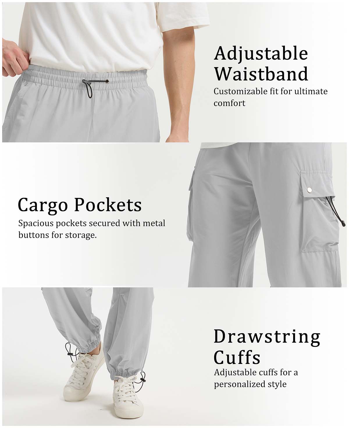 Adjustable waistband, spacious cargo pockets with metal buttons, adjustable cuffs for comfort and style in baggy sweatpants.
