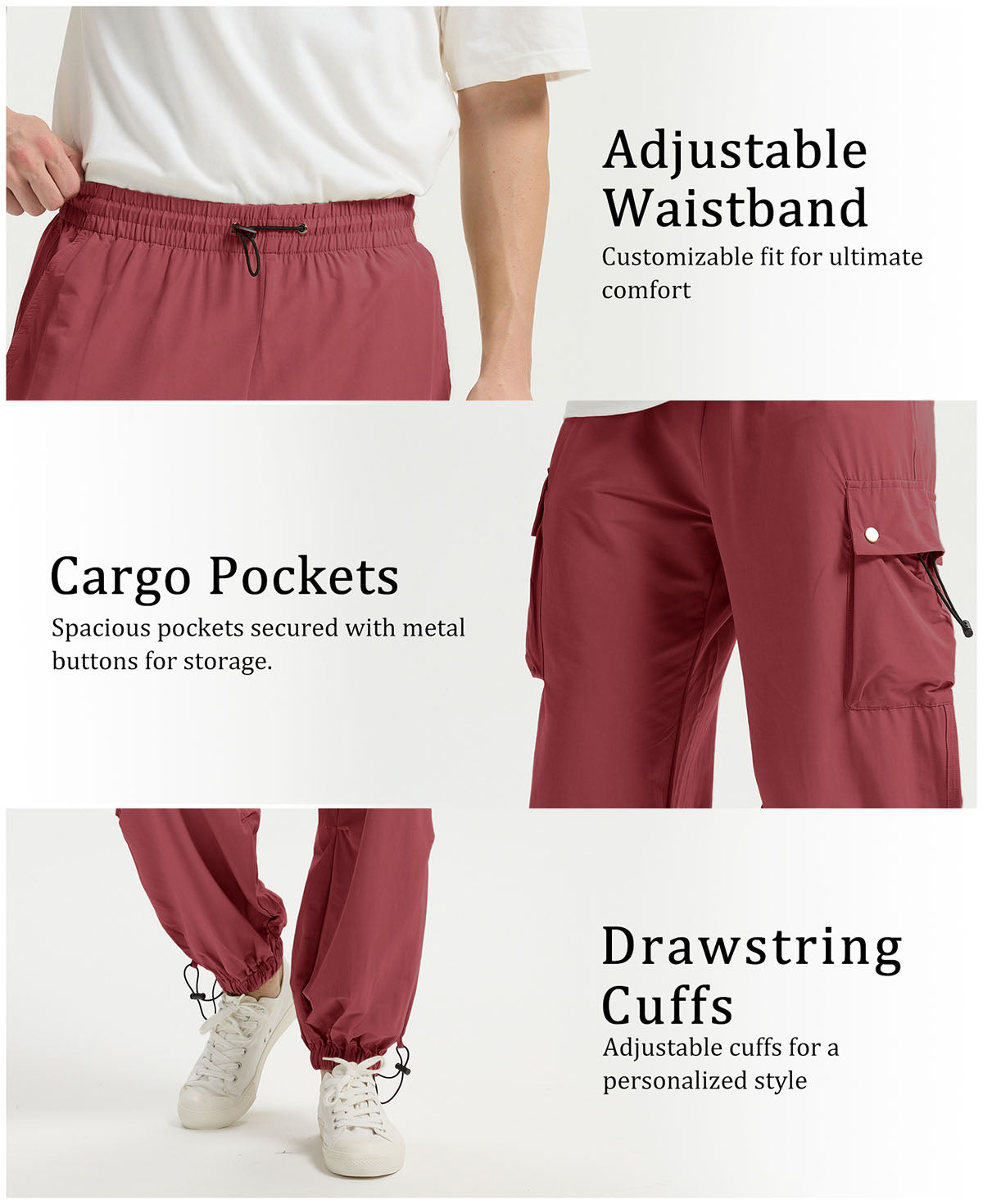 Adjustable waistband, spacious cargo pockets with metal buttons, adjustable cuffs for comfort and style in baggy sweatpants.