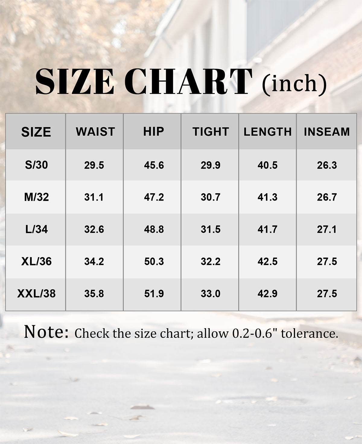 Size chart for men's baggy parachute cargo sweatpants with measurements in inches.