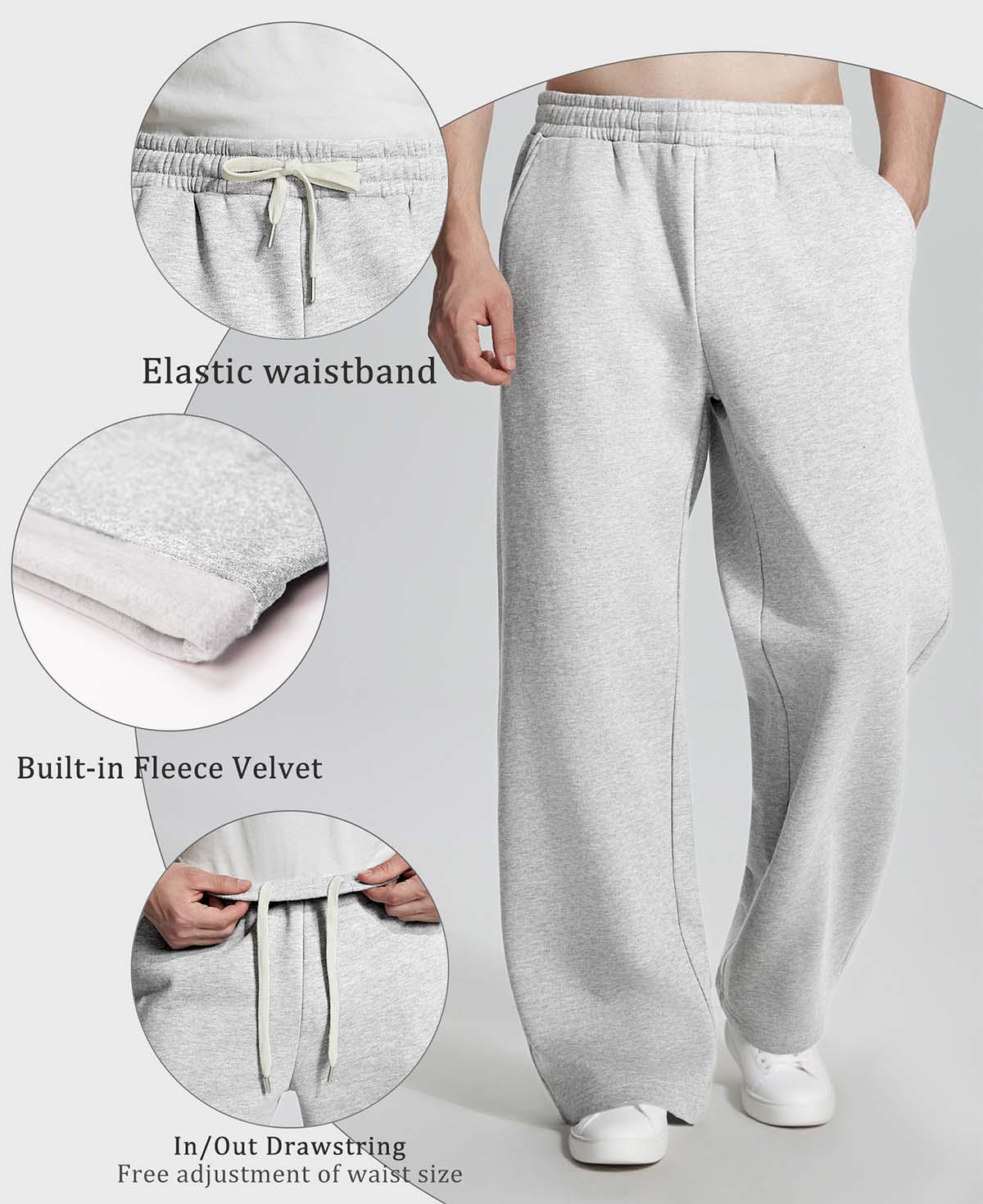 Features: elastic waistband, brushed fleece lining, dual drawstrings (inner & outer) for personalized fit on lounge pants.