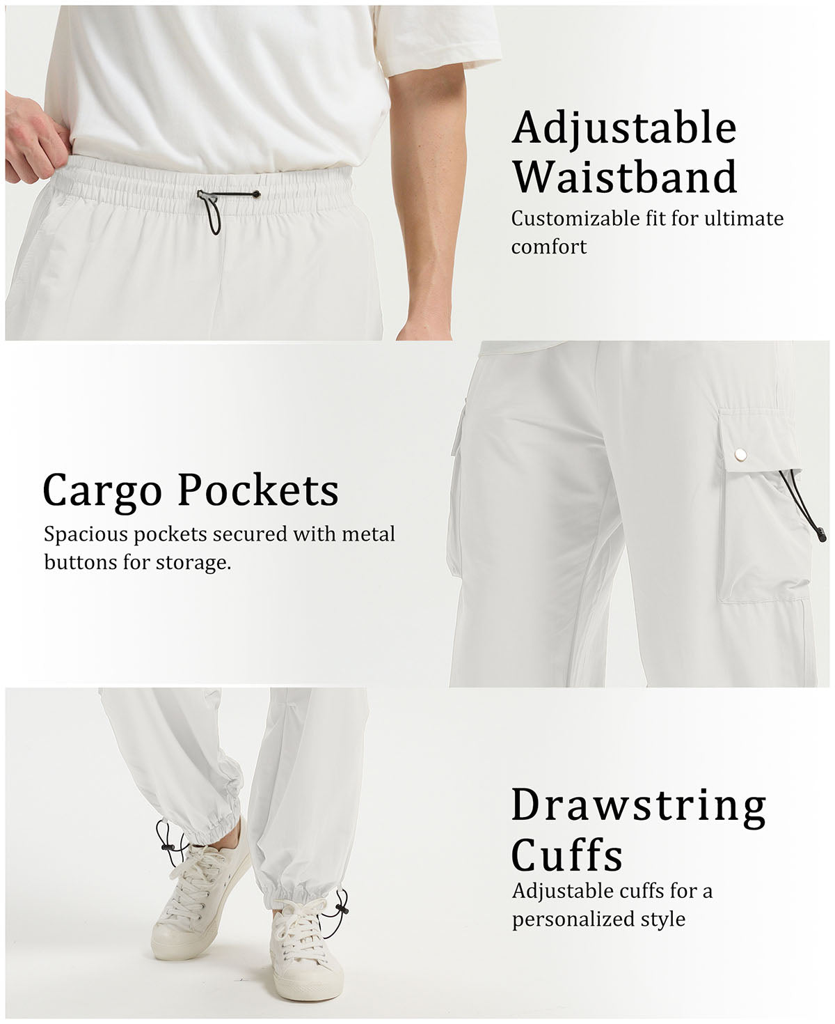 Adjustable waistband, spacious cargo pockets with metal buttons, adjustable cuffs for comfort and style in baggy sweatpants.