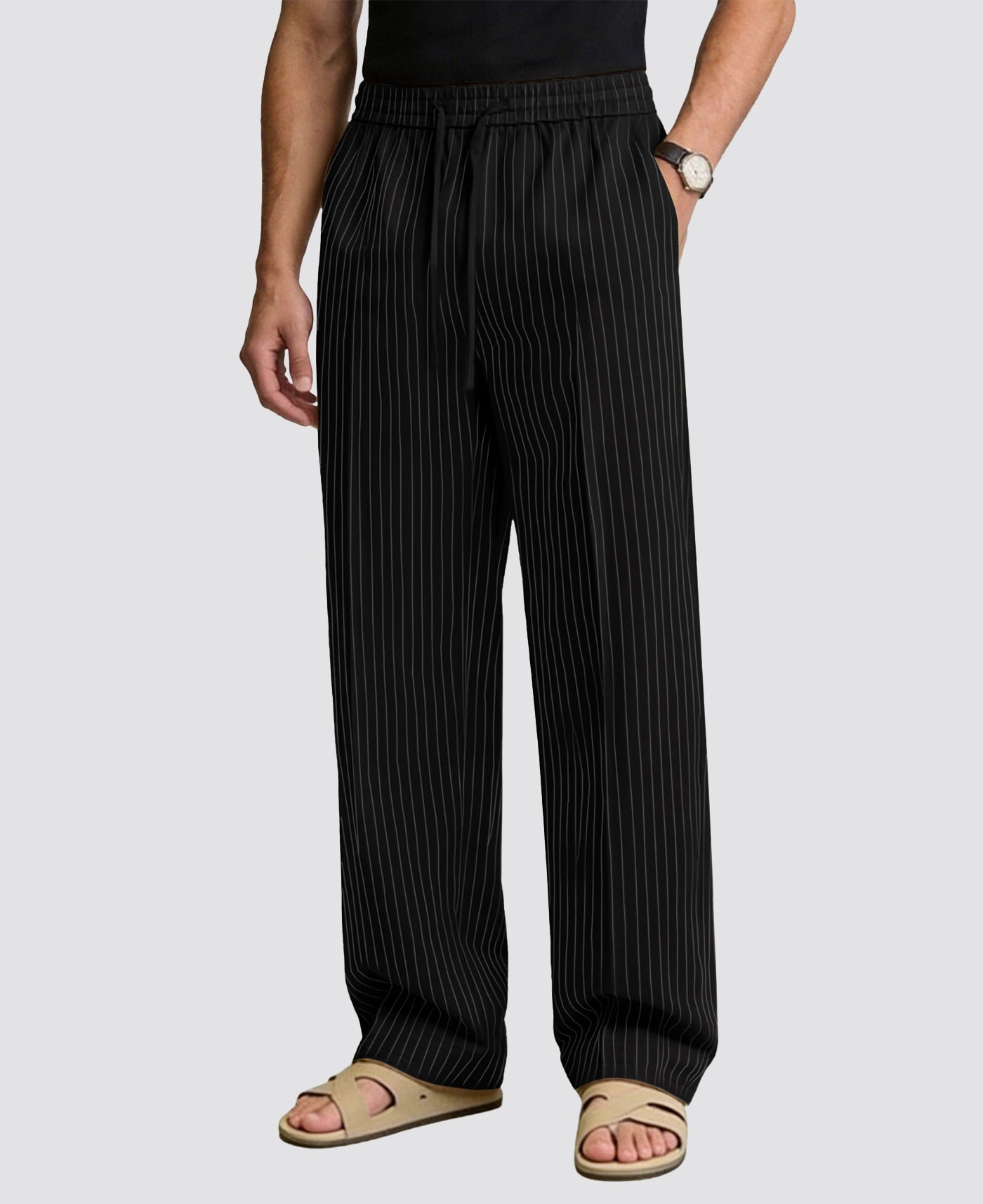 Mens Pinstripe Pleated Pants — Wide Leg & Striped
