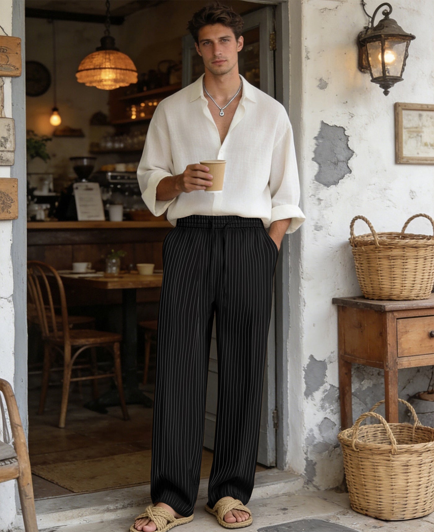 Mens Pinstripe Pleated Pants — Wide Leg & Striped