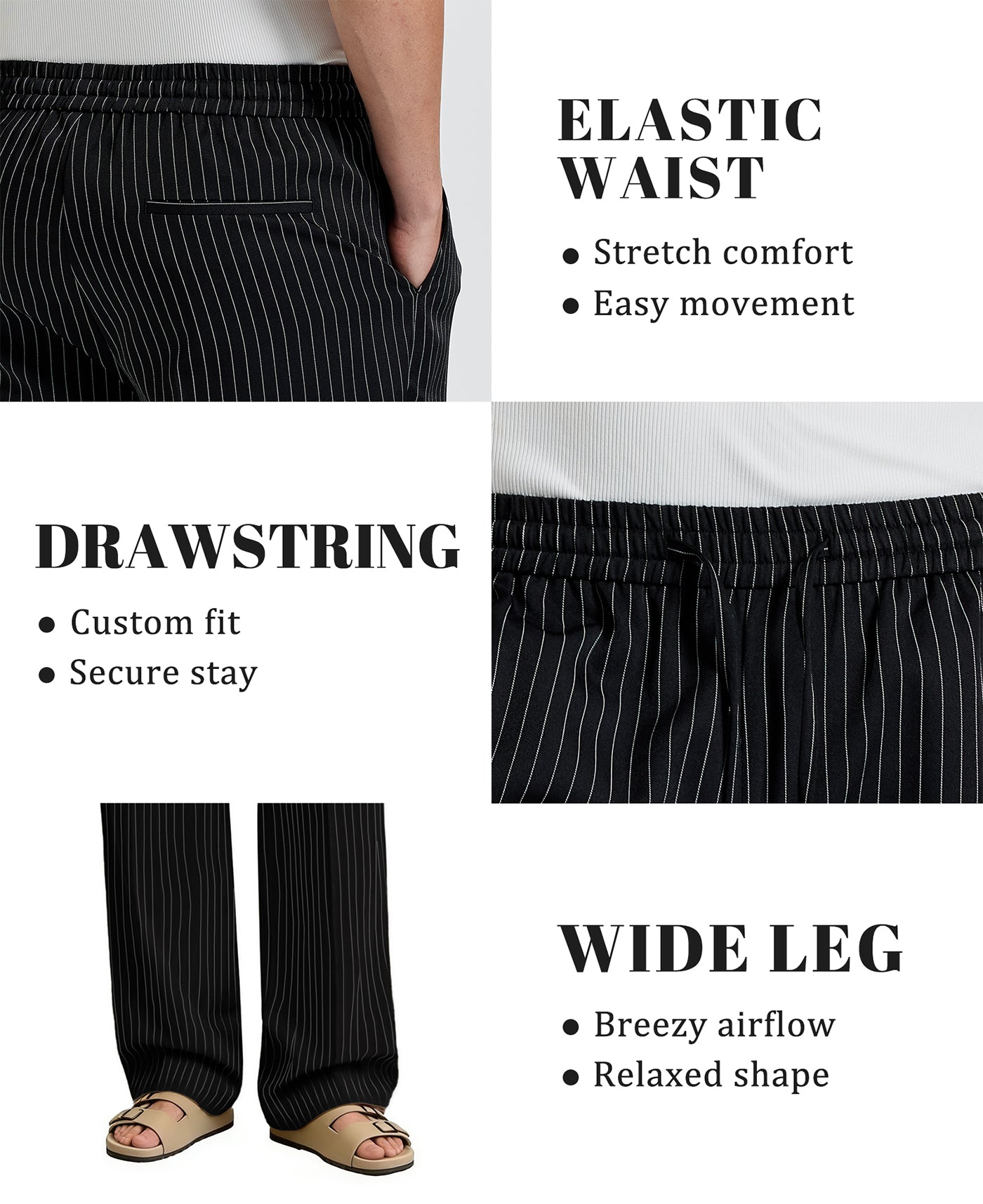 Mens Pinstripe Pleated Pants — Wide Leg & Striped