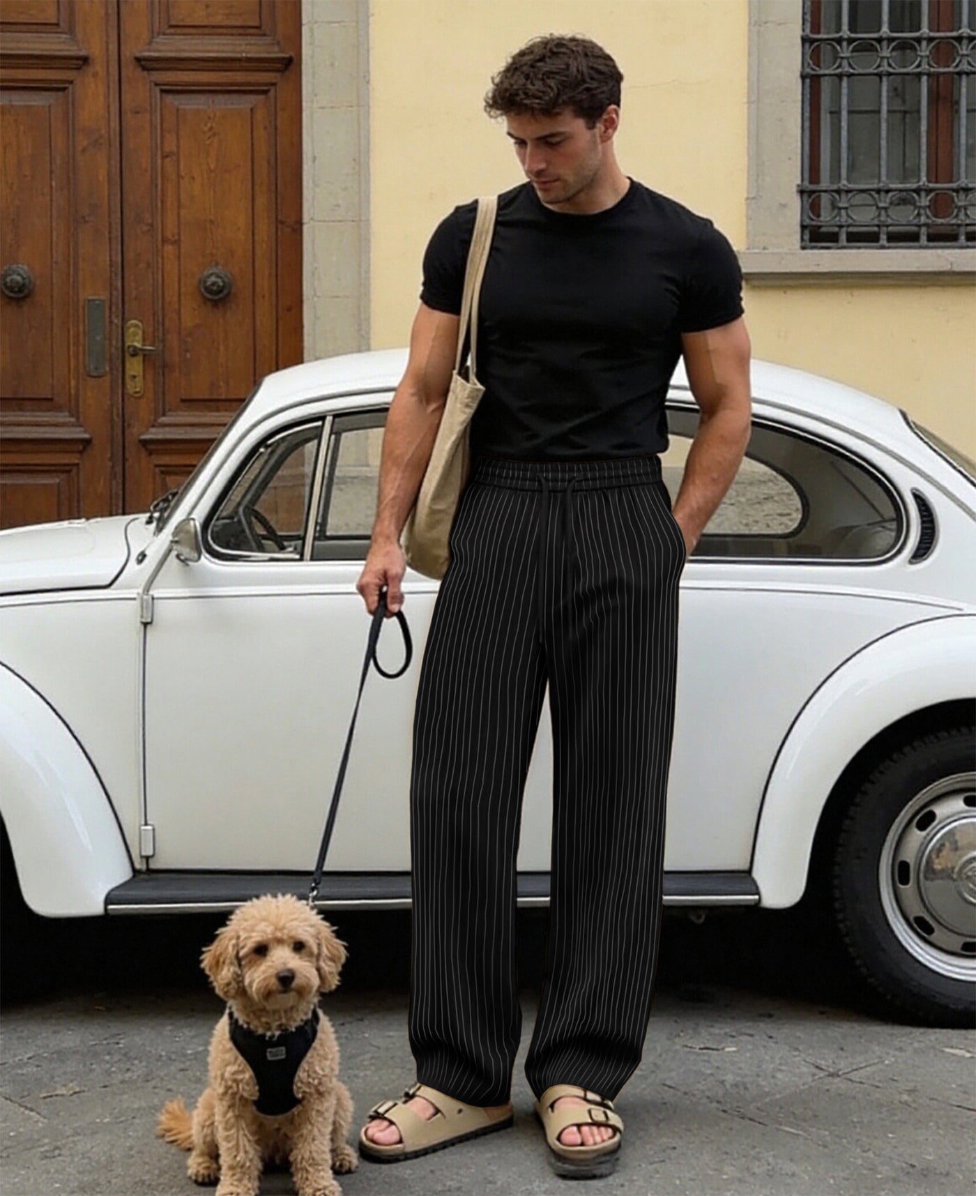 Mens Pinstripe Pleated Pants — Wide Leg & Striped