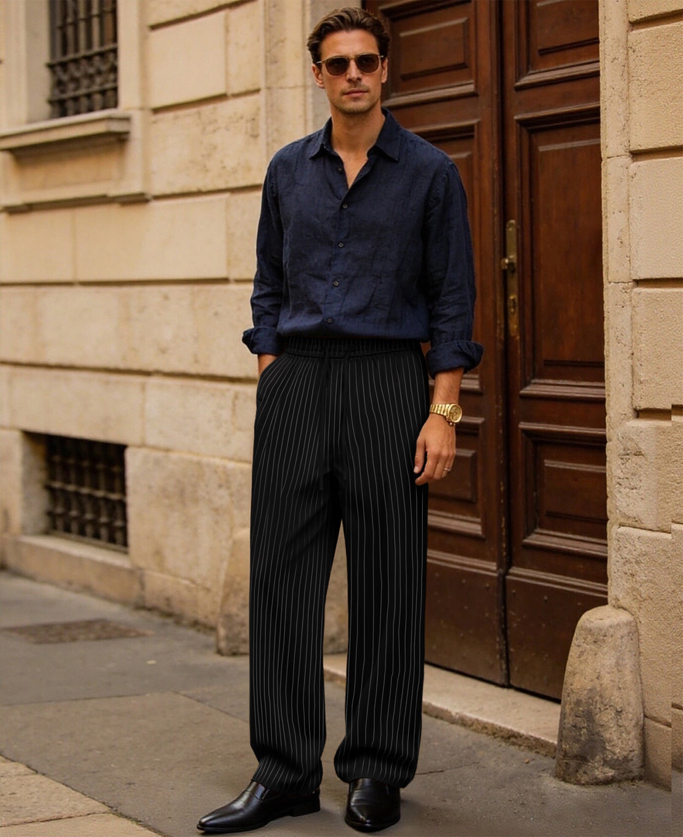 Mens Pinstripe Pleated Pants — Wide Leg & Striped