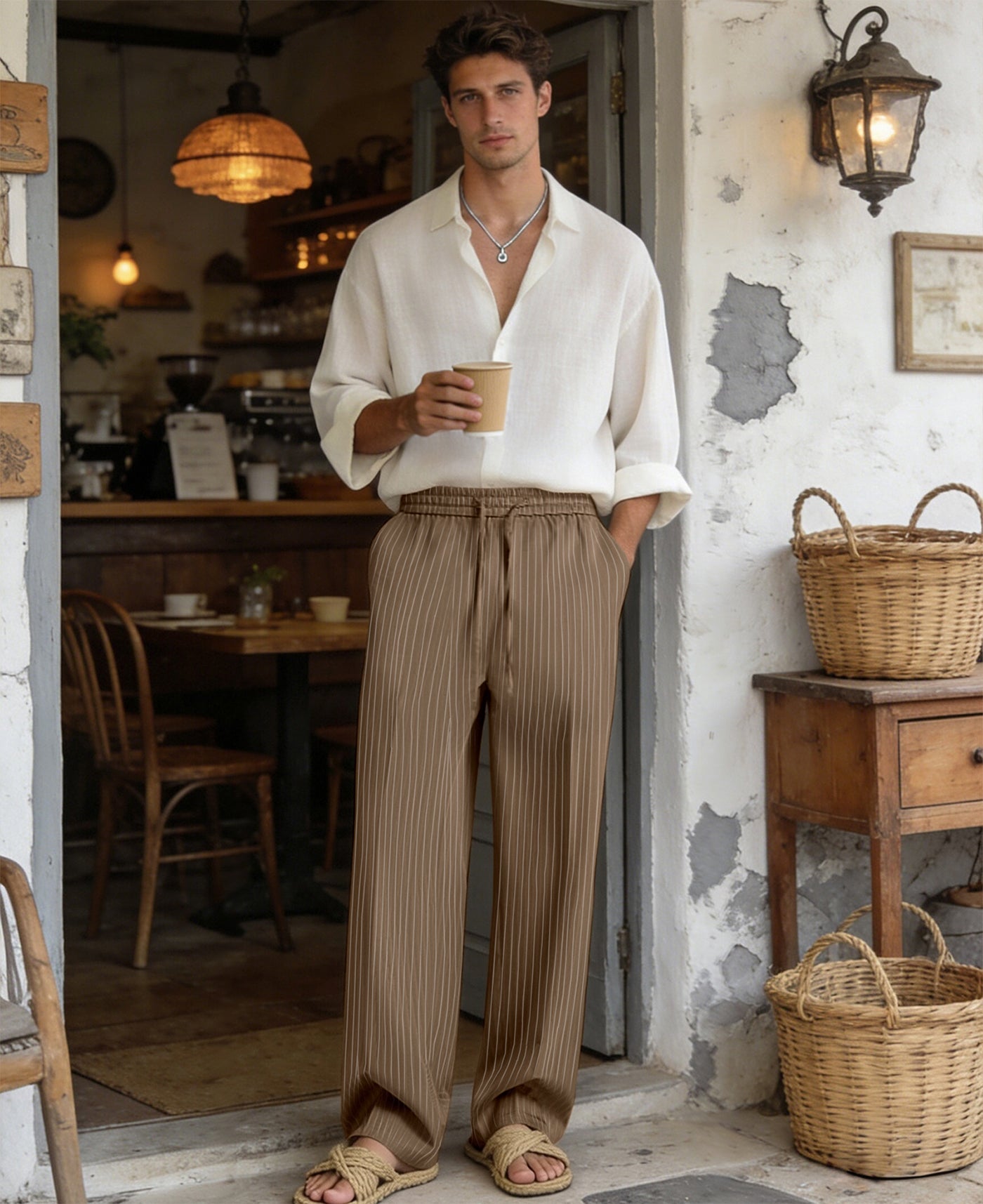 Mens Pinstripe Pleated Pants — Wide Leg & Striped