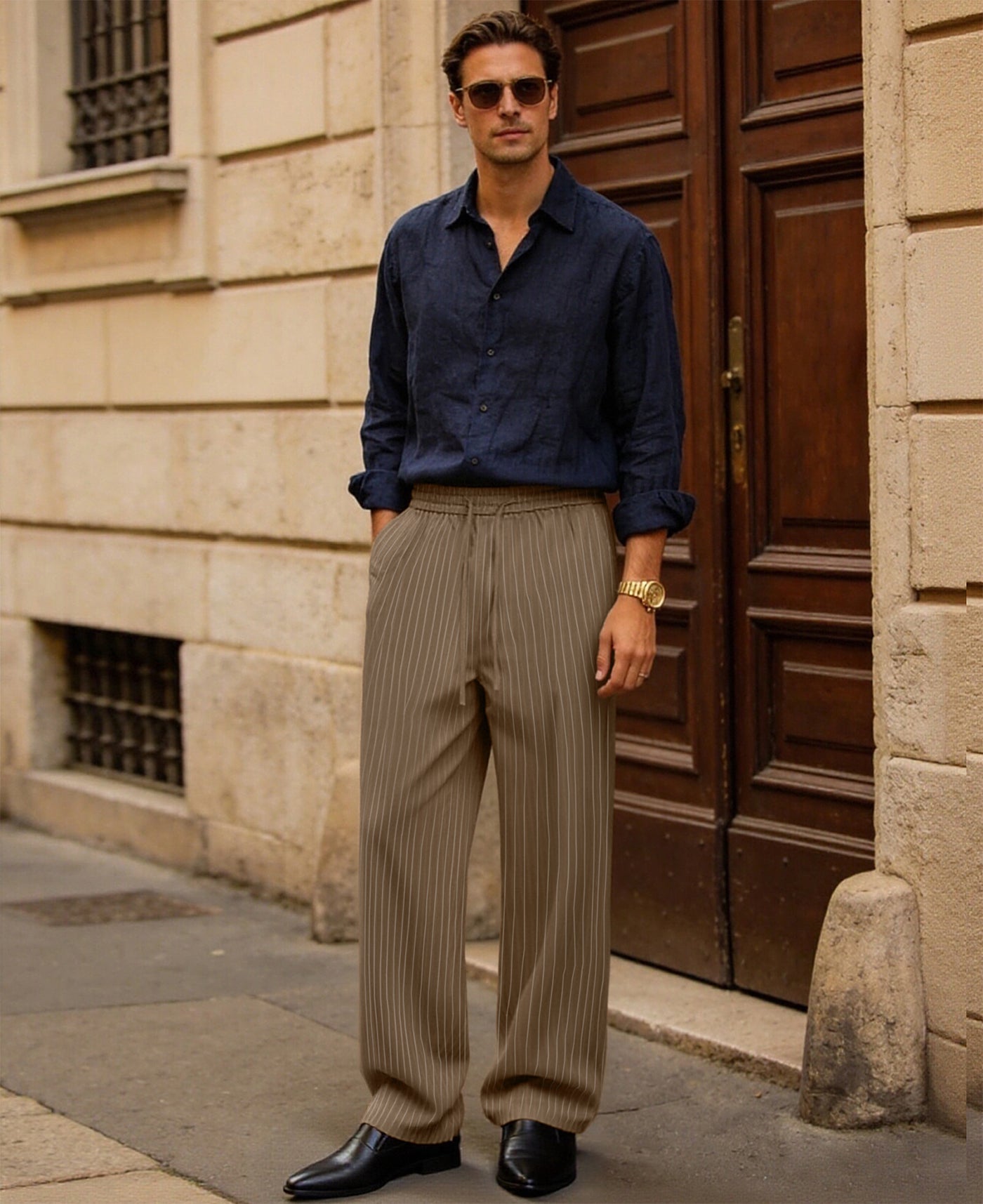 Mens Pinstripe Pleated Pants — Wide Leg & Striped