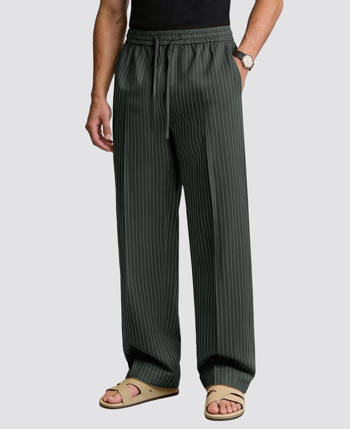 Mens Pinstripe Pleated Pants — Wide Leg & Striped