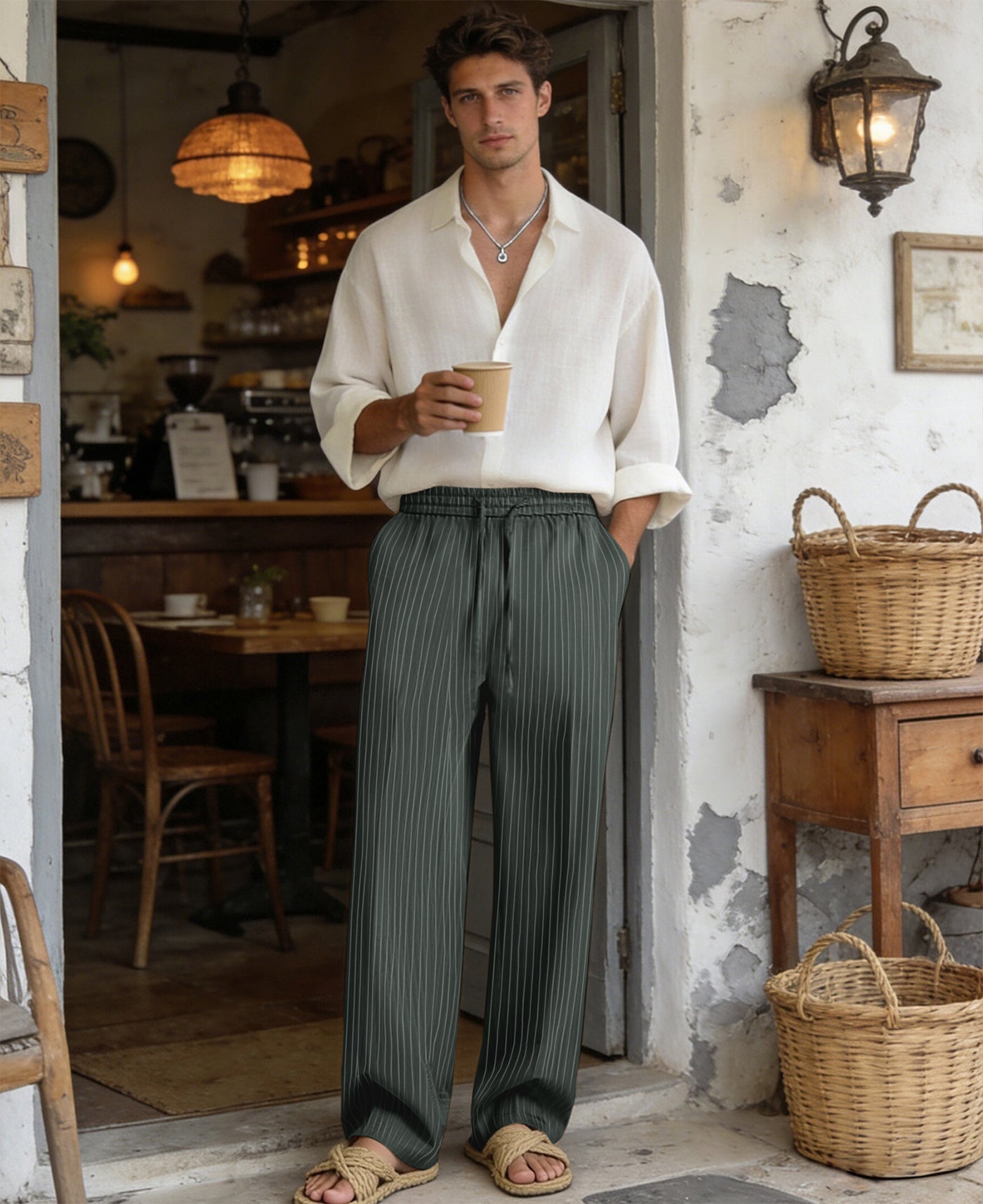 Mens Pinstripe Pleated Pants — Wide Leg & Striped