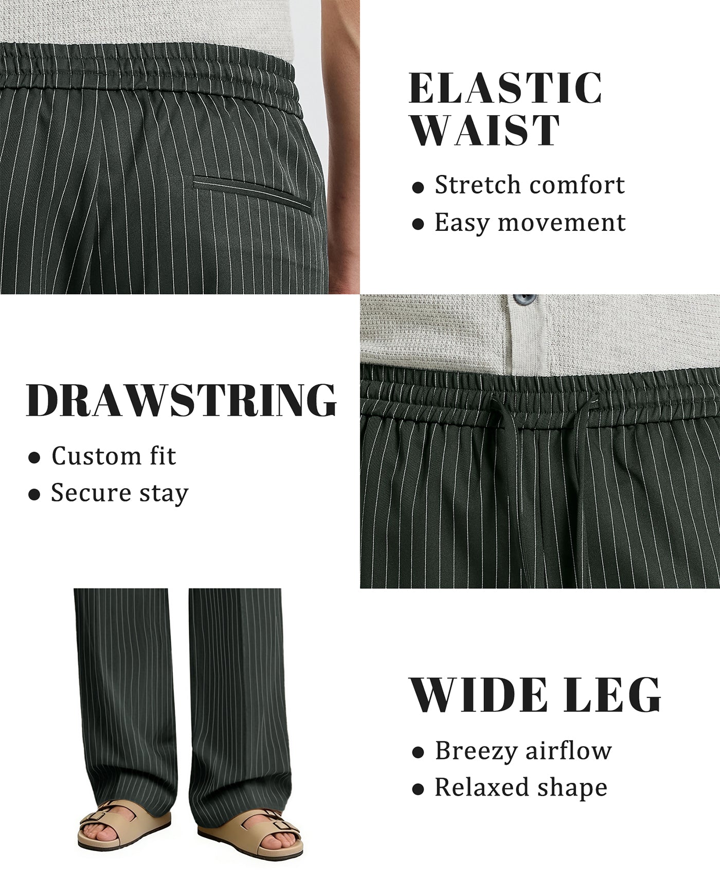 Mens Pinstripe Pleated Pants — Wide Leg & Striped