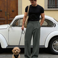 Mens Pinstripe Pleated Pants — Wide Leg & Striped