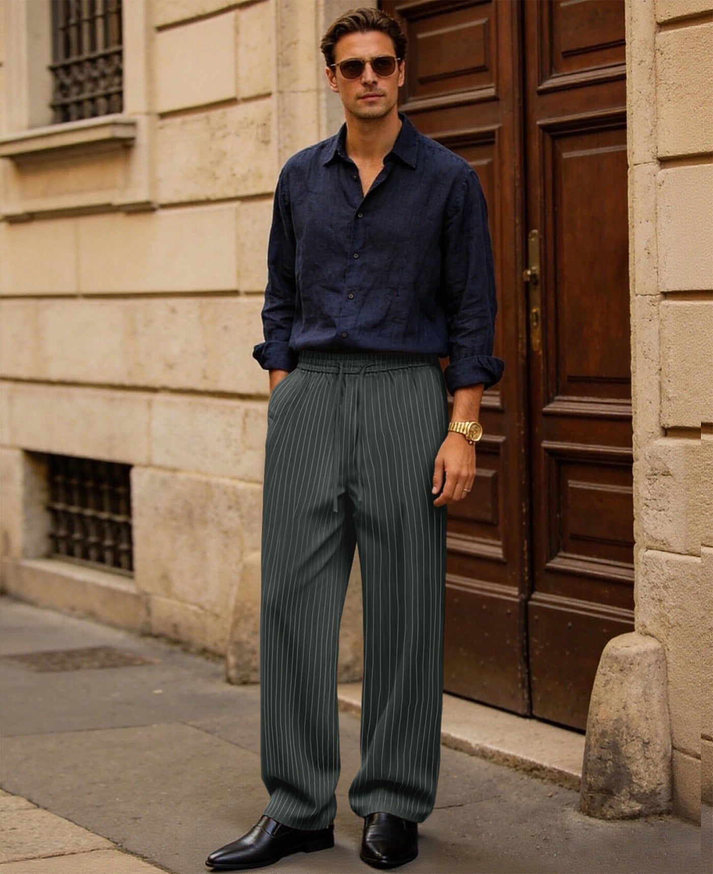 Mens Pinstripe Pleated Pants — Wide Leg & Striped