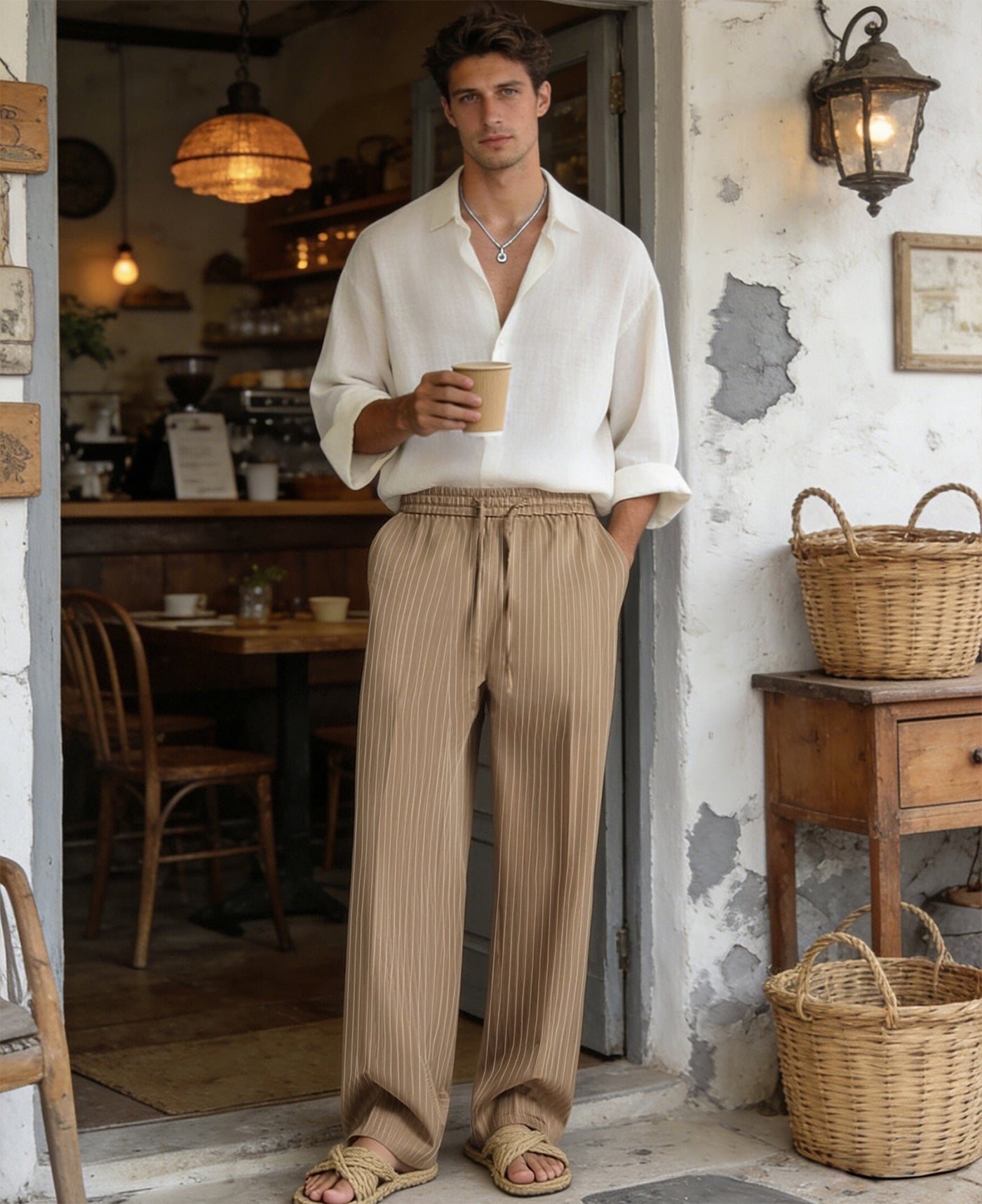 Mens Pinstripe Pleated Pants — Wide Leg & Striped